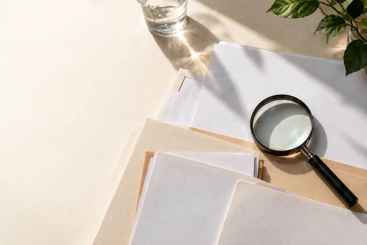 Stapels papieren en een vergrootglas op een licht bureau