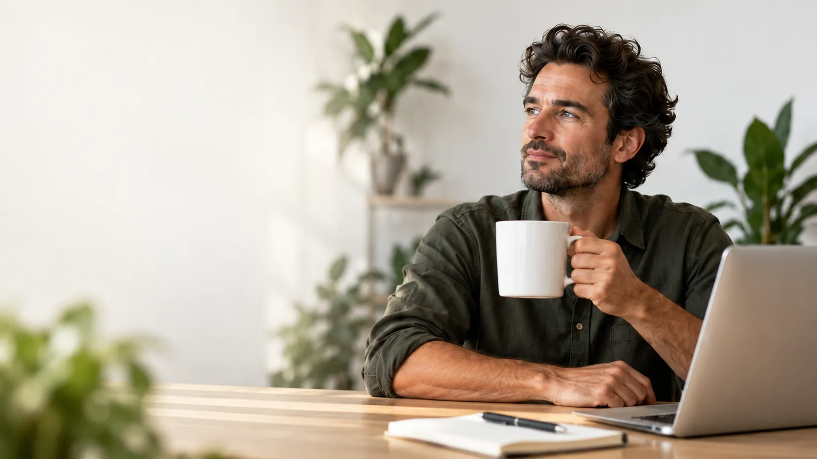 Een ondernemer met een kop koffie kijkt nadenkend voor zich uit