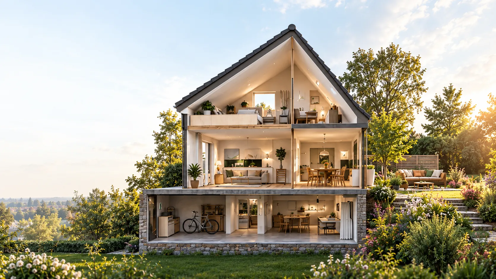 Een opengewerkt huis met woonkamer, keuken en kelder, in een tuin bij zonsondergang