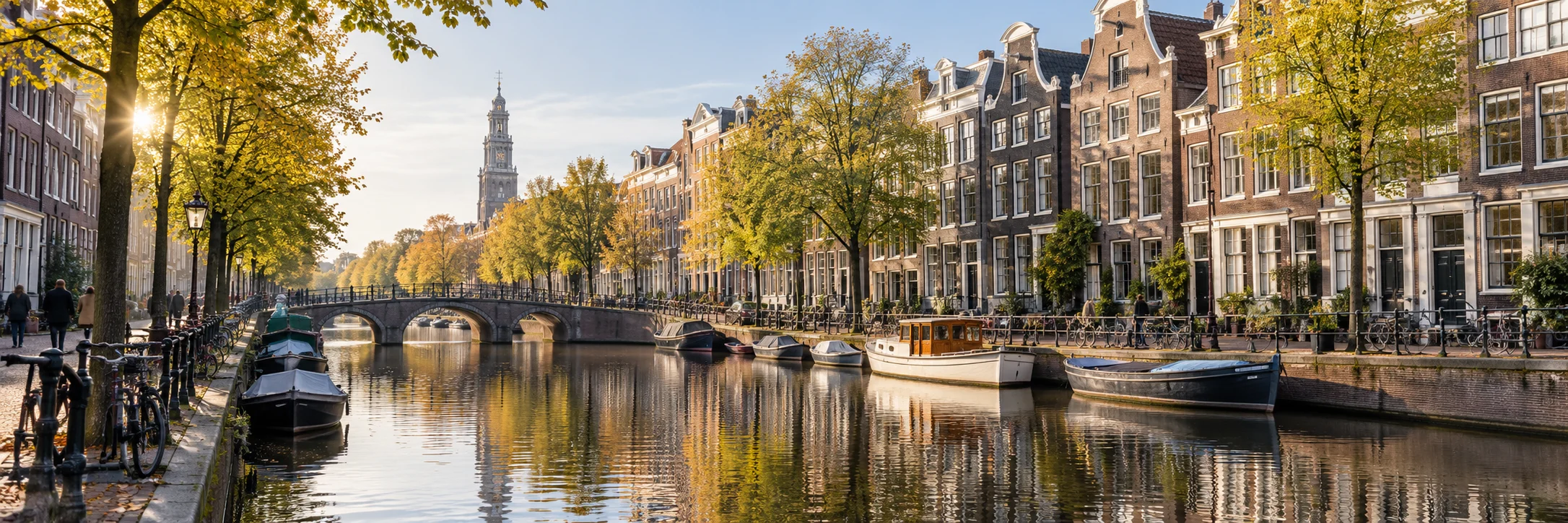 Amsterdam canal and houses in the morning light