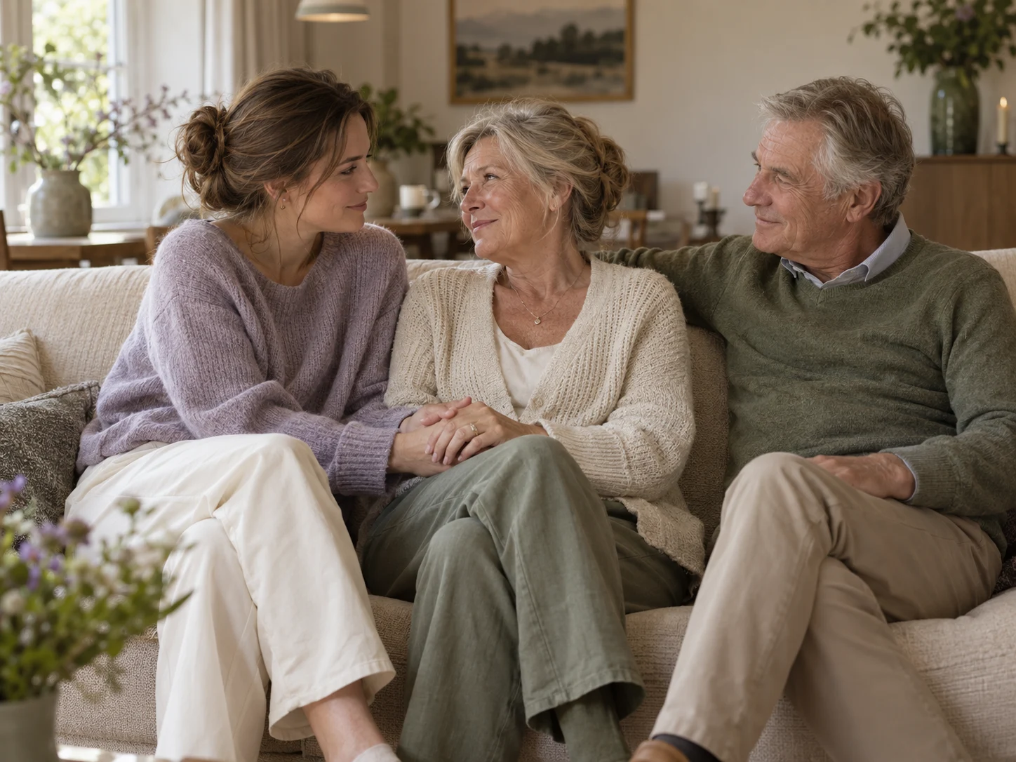 Dochter en ouders delen een rustig moment samen