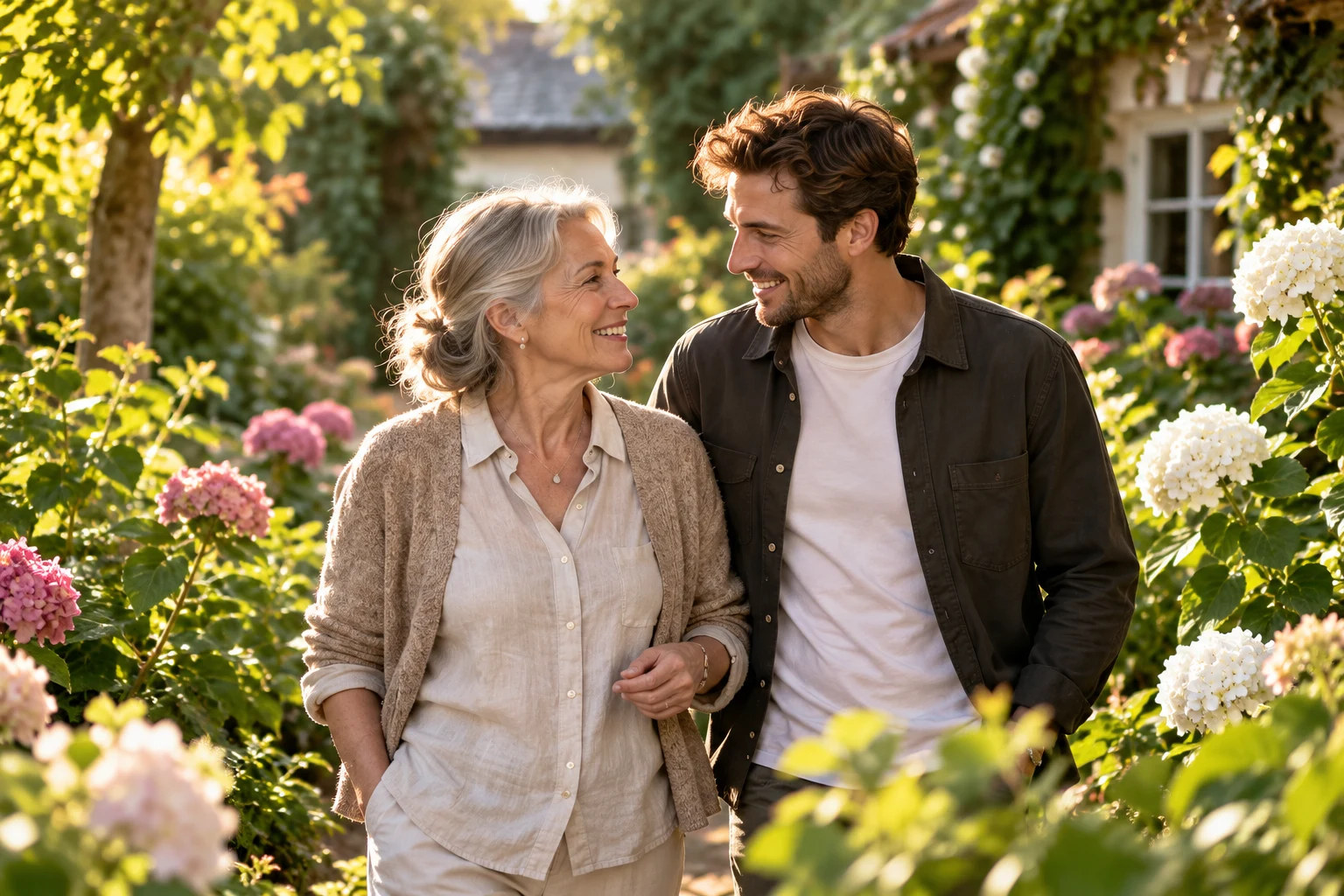 Moeder en zoon wandelen samen door een zonnige tuin