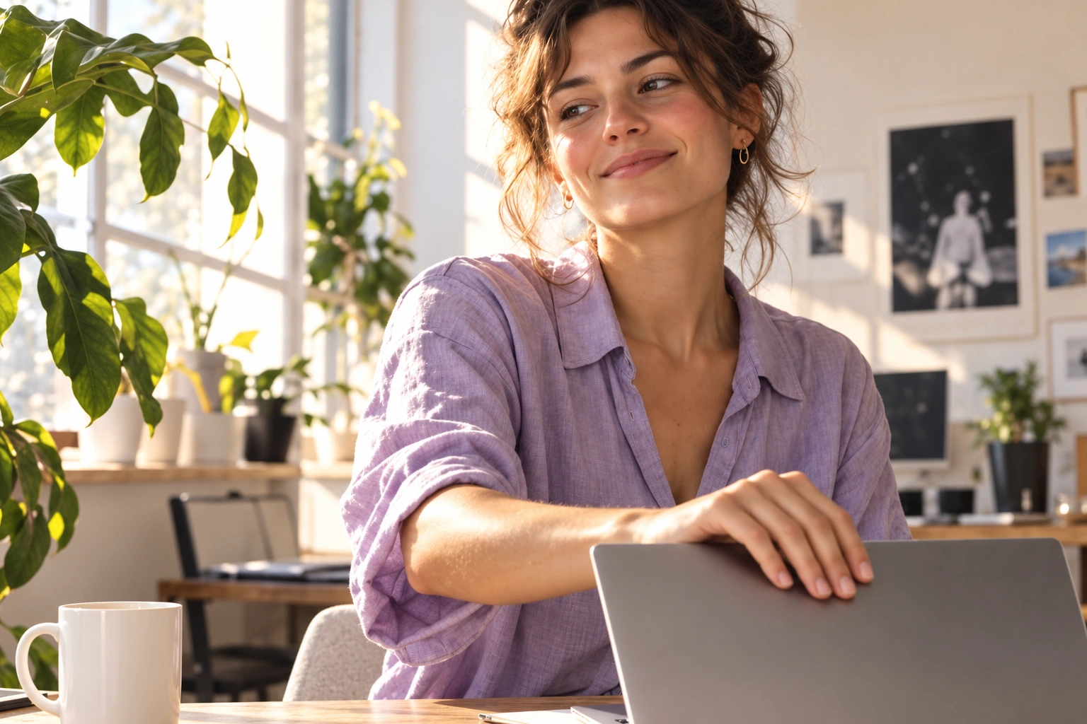 Vrouw in een lavendelblouse aan een bureau met laptop in een zonnig atelier