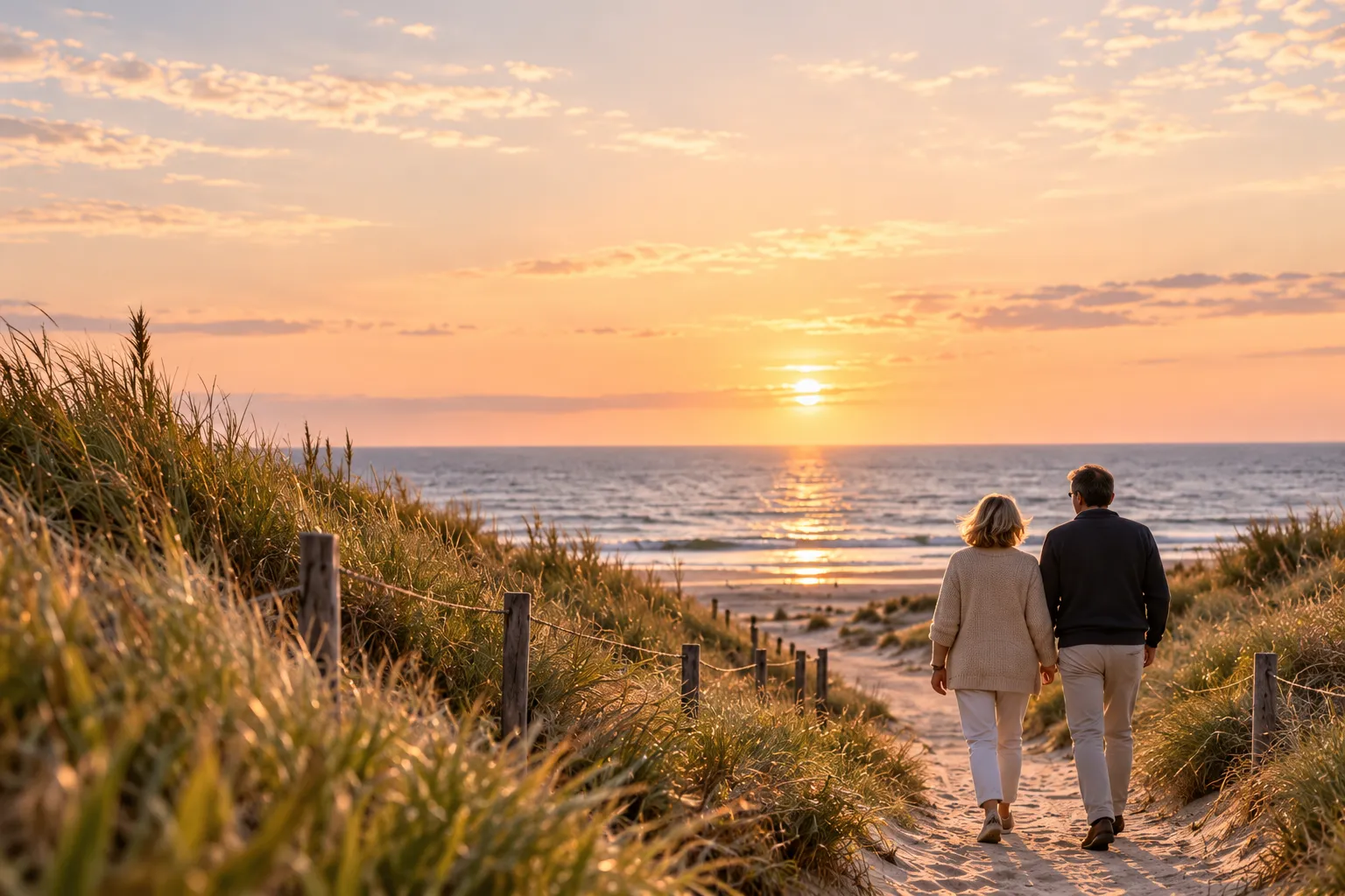 Een ouder stel wandelt bij zonsondergang door de duinen naar zee
