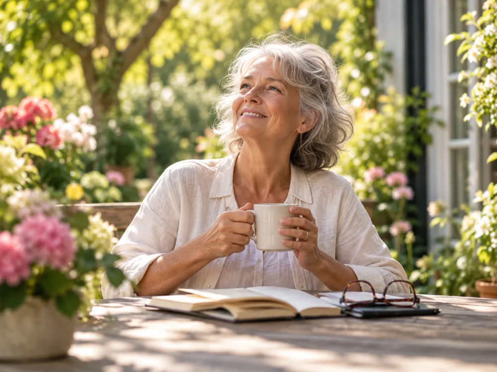 Een vrouw met een kop koffie geniet van de zon in de tuin