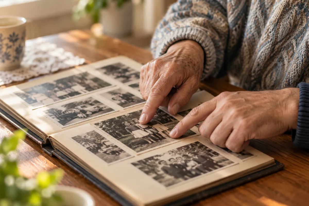 Handen van een ouder en een kind wijzen naar foto's in een oud familiealbum