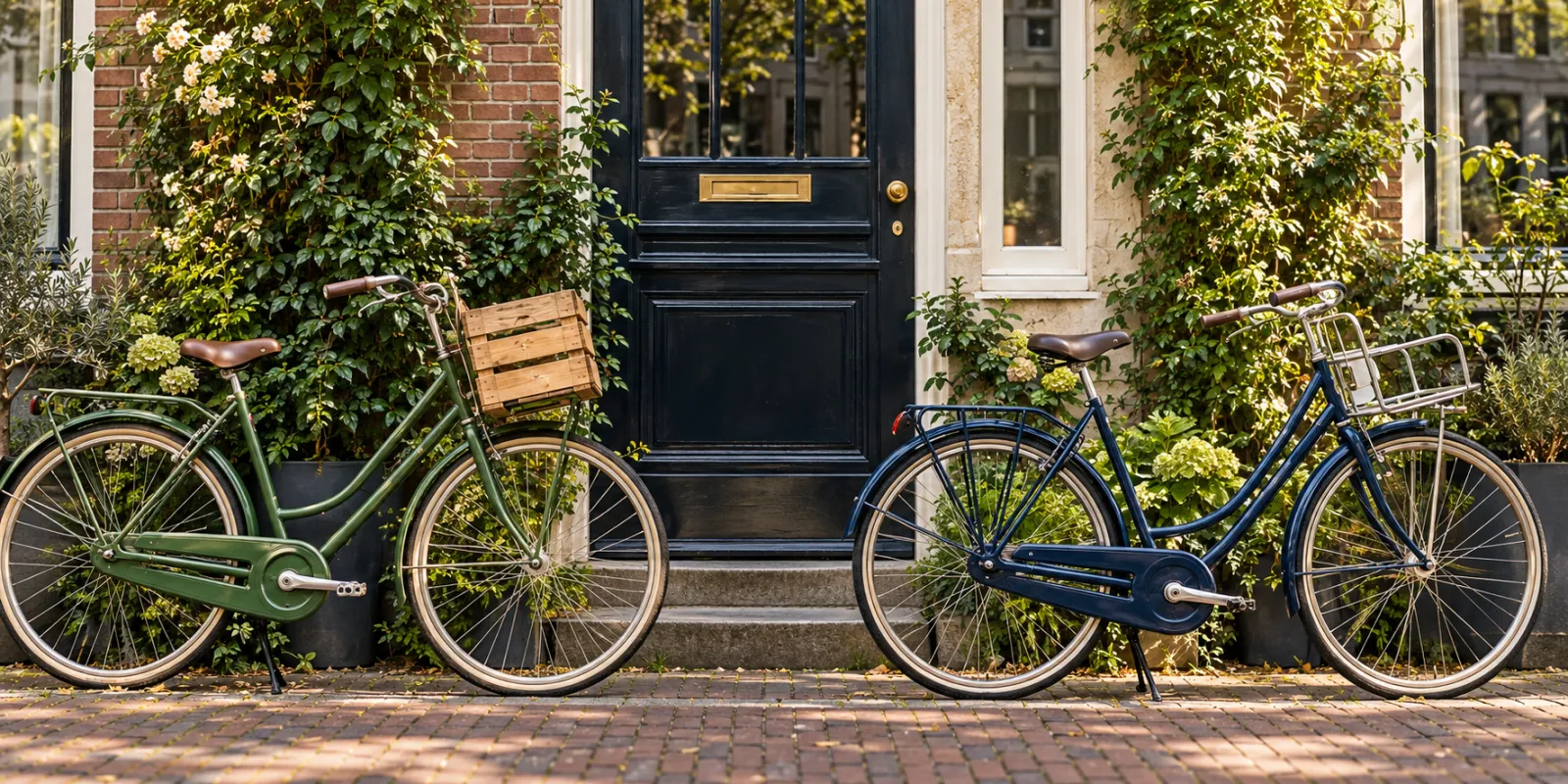 Twee fietsen naast elkaar voor een donkere voordeur