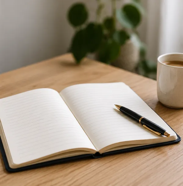 Een open notitieboek met een pen op tafel