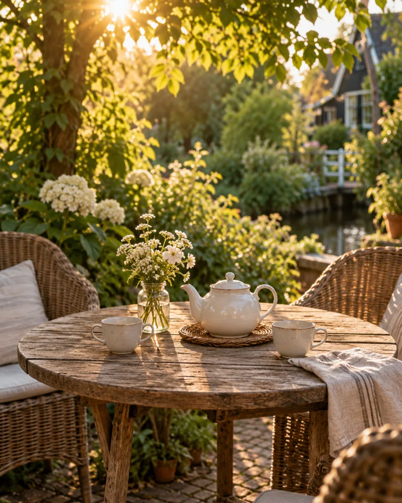 Thee en bloemen op een tuintafel in het avondlicht