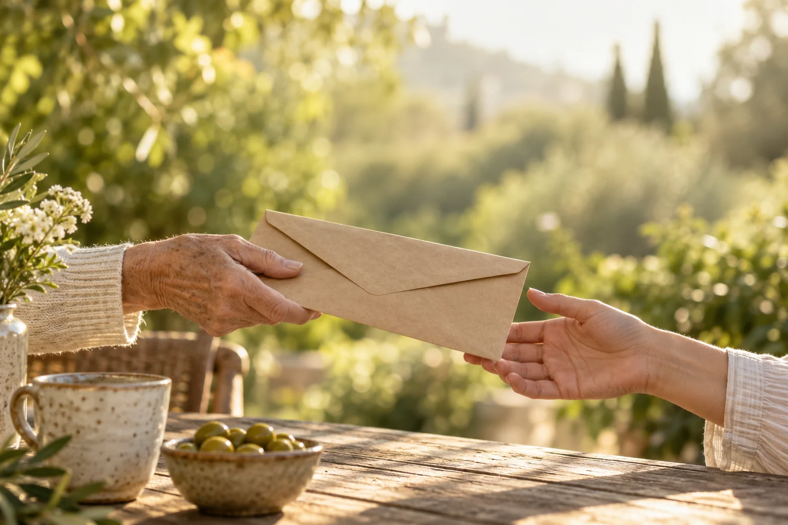 Een oudere hand geeft een envelop aan een jongere hand aan een zonnige tuintafel