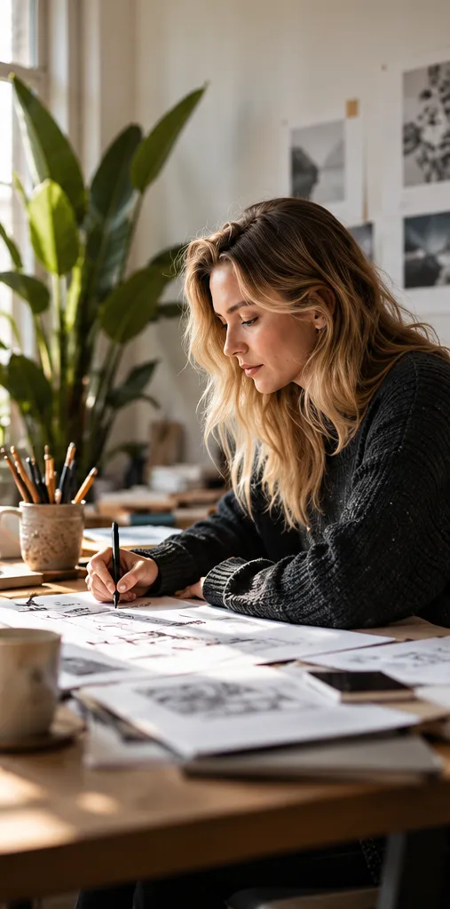 Een ontwerper tekent aan een tafel vol schetsen